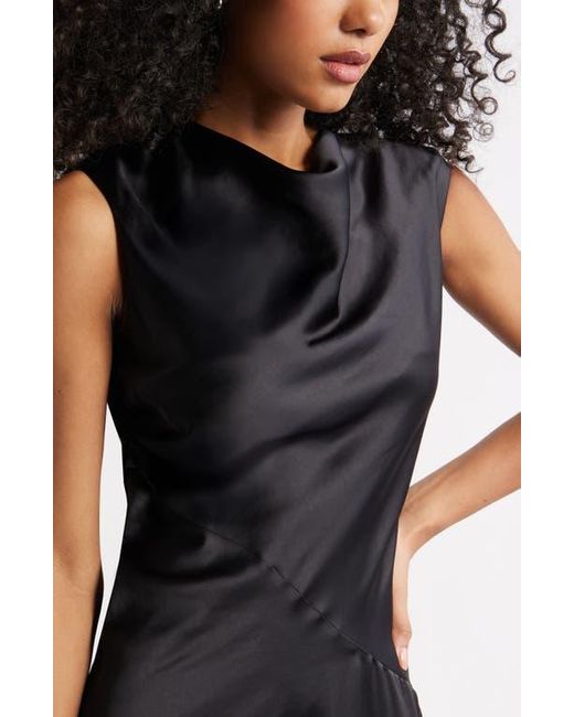 Open Edit Black Cowl Neck Asymmetric Satin Midi Dress