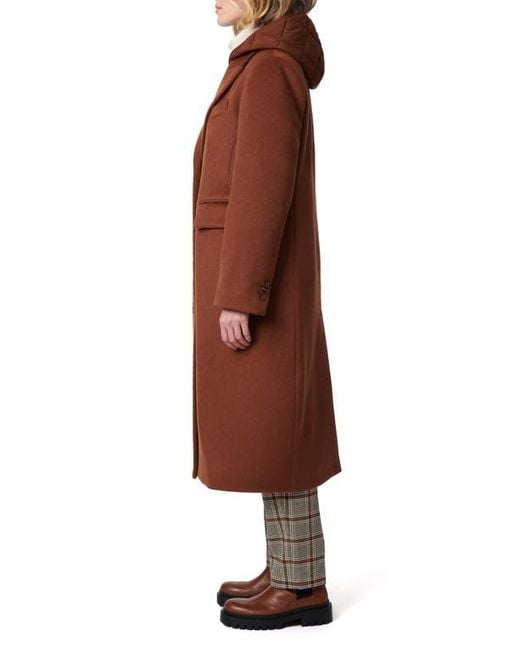 Bernardo Brown Long Coat With Hooded Quilted Bib