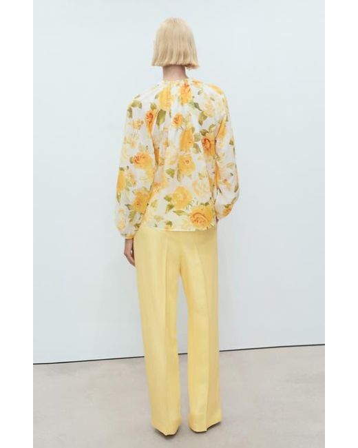 Mango Yellow Floral Tie Neck Button-Up Top