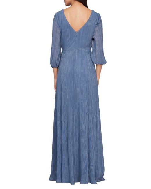 Alex Evenings Blue Metallic Micro Pleated Mesh Gown