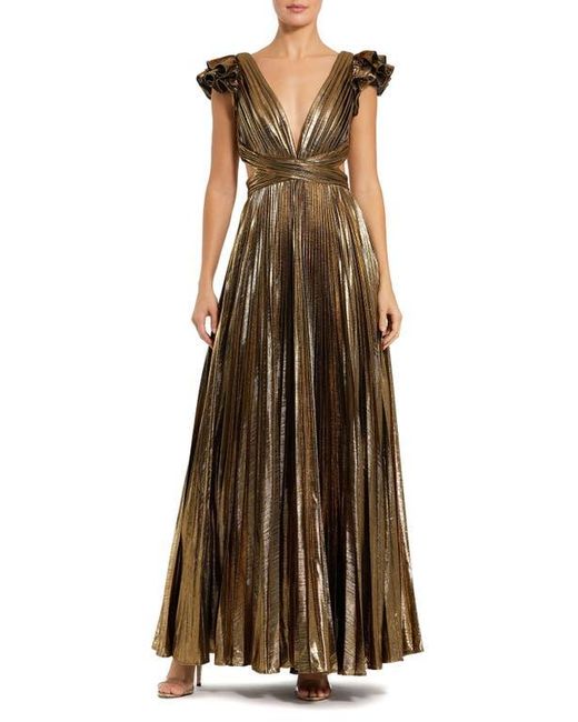 Mac Duggal Brown Ruffle Sleeve Cutout Pleated Metallic Gown