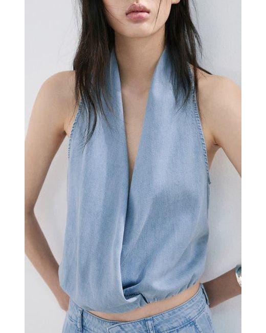 Mango Blue Drape Plunge Neck Top
