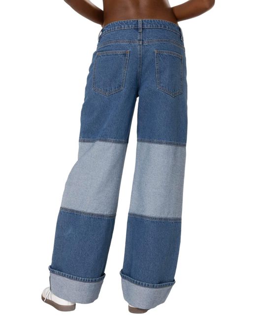 Edikted Blue Lindsey Cuffed Two-tone Wide Leg Jeans S