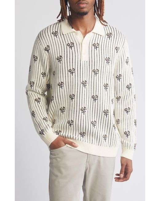 Percival Gray Picnic Floral Jacquard Long Sleeve Cotton Polo Sweater for men