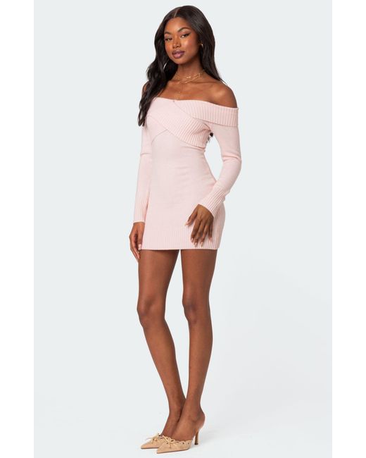 Edikted Pink Crossover Long Sleeve Off The Shoulder Sweater Minidress