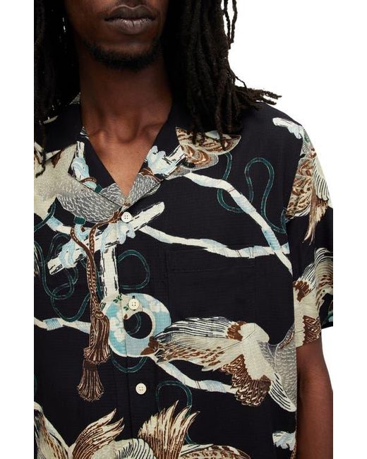 AllSaints Black Buzzard Print Camp Shirt for men