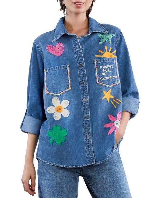 BILLY T Blue Pocketful Of Sunshine Embroidered Denim Graphic Button-Up Shirt
