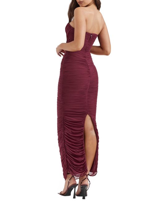 House Of Cb Red Gradient Color Strapless Ruched Mesh Gown