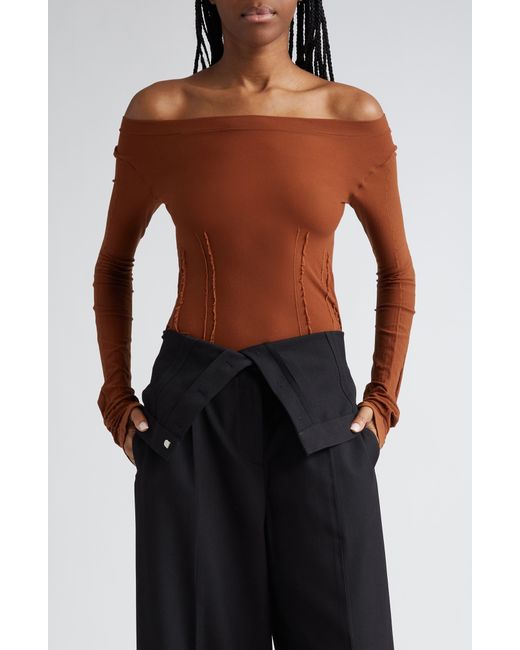 Acne Brown Enia Off The Shoulder Sheer Top
