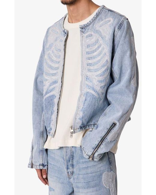 MNML Blue Skeleton Denim Moto Jacket for men
