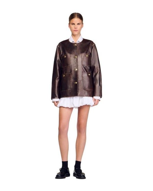 Sandro Red Long Distressed Leather Jacket