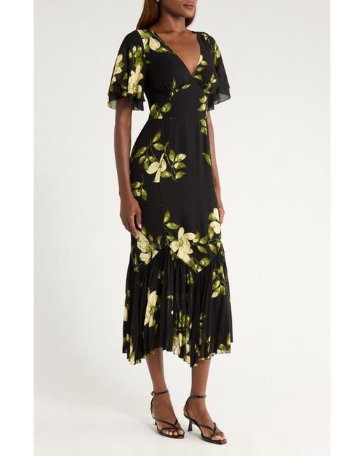 Reformation Black Salvia Floral Flutter Sleeve Mermaid Dress
