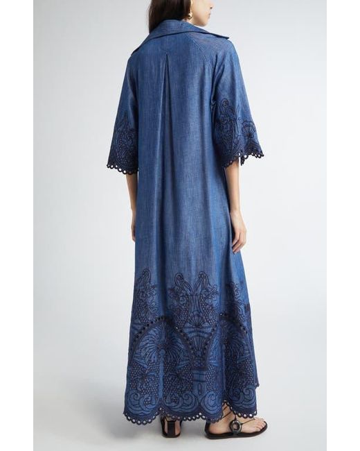 Zimmermann Blue Coco Embroidered Denim Caftan Dress