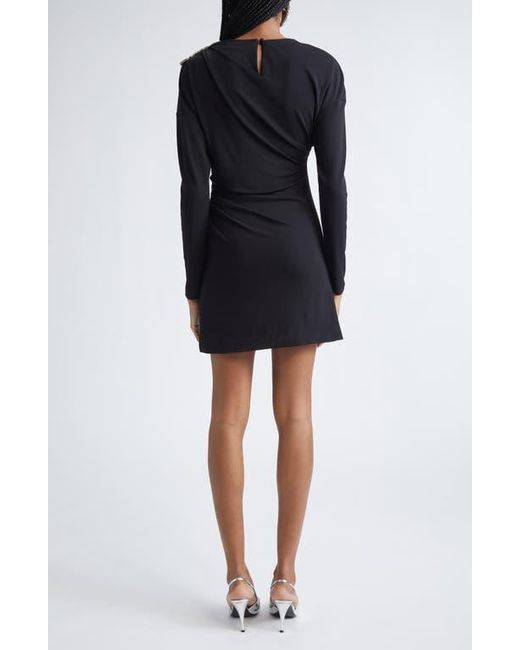 Area Black Crystal Cluster Draped Long Sleeve Jersey Minidress