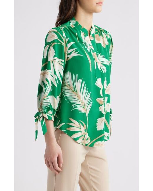 Anne Klein Green Palm Print Tie Cuff Crepe Top