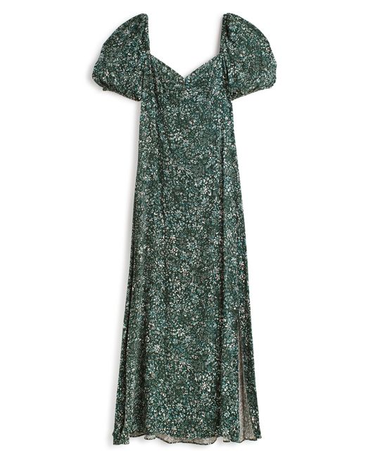 Madewell Green Floral Puff Sleeve Sweetheart Midi Dress