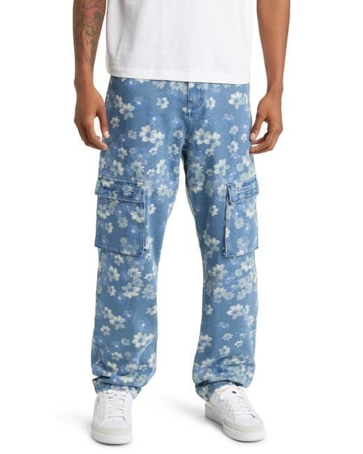 Pleasures Garden Floral Denim Cargo Pants in Blue for Men