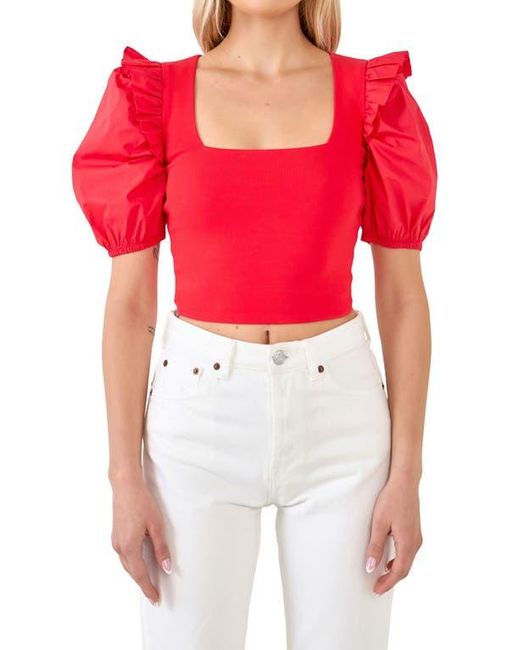 English Factory Red Mixed Media Puff Sleeve Crop Top
