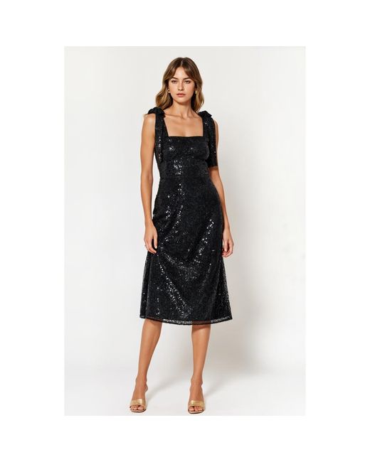 Modenaire Black Sequin Midi Dress With Tie Straps And Square Neckline