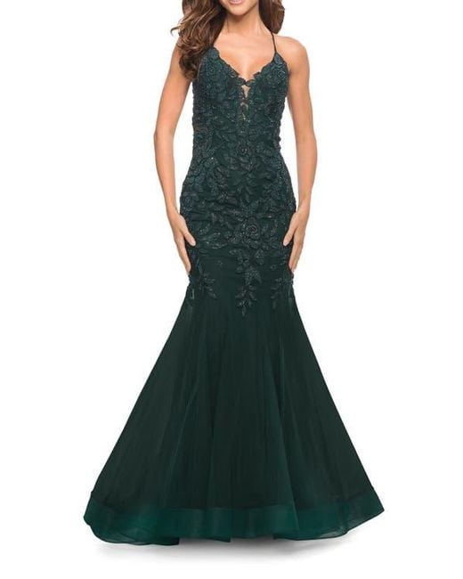 La Femme Women's Green Mermaid Tulle And Lace Jeweled Prom Dress