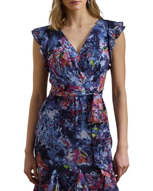 Ralph Lauren Blue Abstract Floral Ruffle Detail Crinkle Georgette Gown