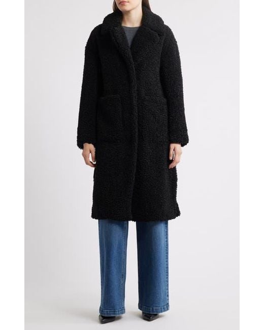 BCBGMAXAZRIA Black Notch Collar Faux Shearling Long Coat