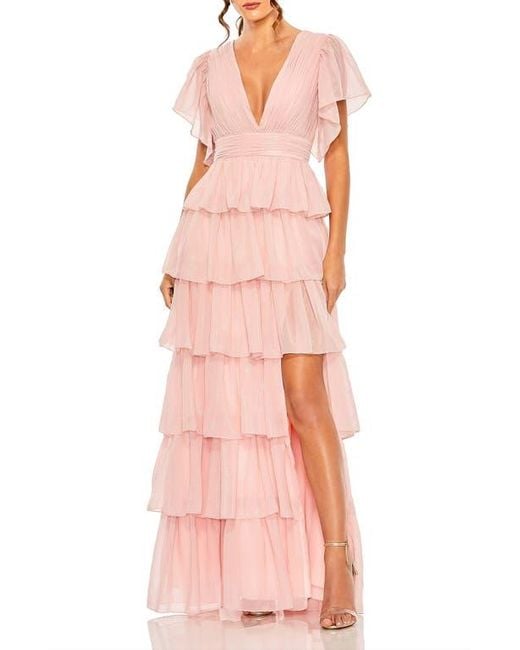 Mac Duggal Pink Flutter Sleeve Ruffle Tiered Gown