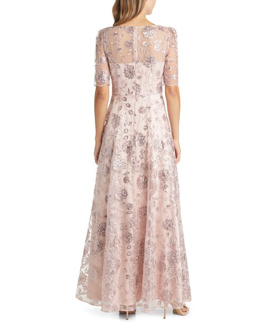 Eliza J Pink Sequin Floral Illusion Lace Fit & Flare Gown