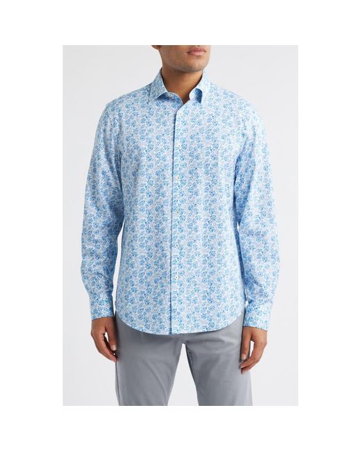 Bugatchi Blue James Ooohcotton Leaf Print Button-Up Shirt for men