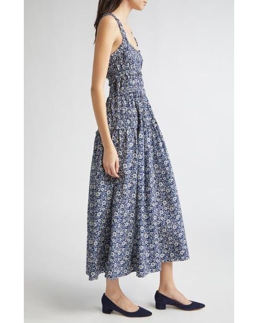 Doen Blue Marianne Floral Print Smocked Maxi Dress