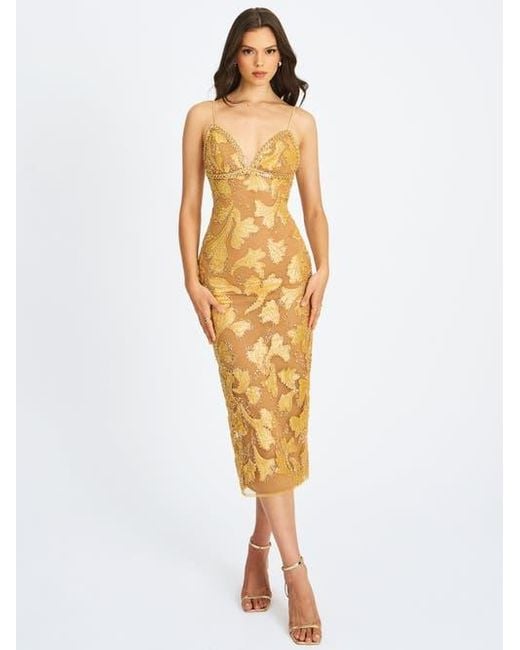 Miss Circle Metallic Edie Beaded Sequin Midi Pencil Dress