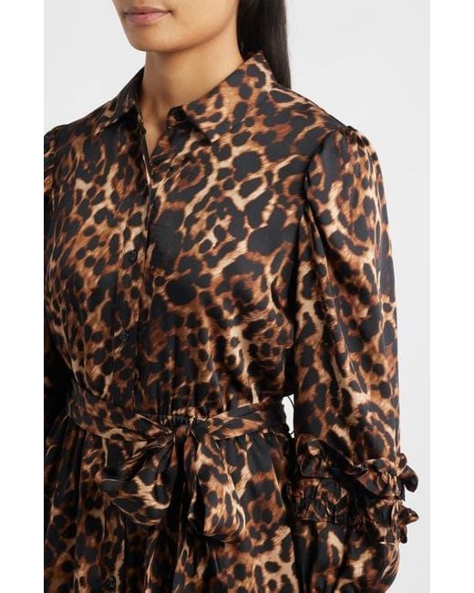 Anne Klein Brown Leopard Tie Waist Long Sleeve Shirtdress
