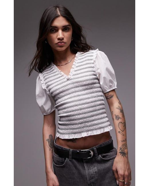 TOPSHOP Gray V-Neck Puff Sleeve Shirred Top