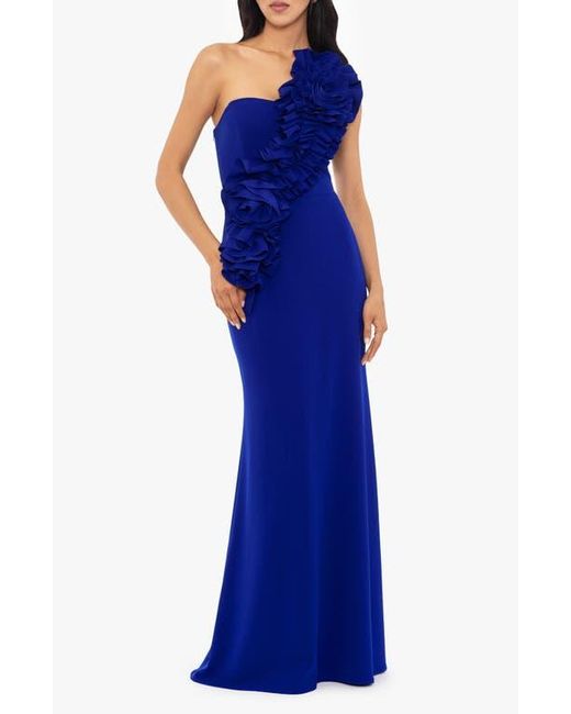 Betsy & Adam Blue Rosette One-Shoulder Trumpet Gown