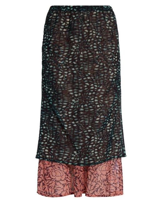Dries Van Noten Black Homoa Layered Mixed Print Midi Skirt