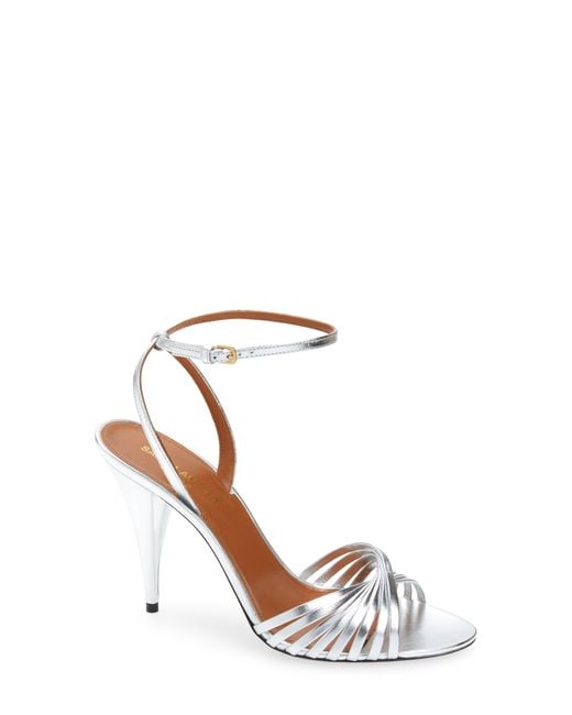 Saint Laurent Tina Strappy Metallic Leather Sandal in White | Lyst