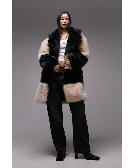 TOPSHOP Black Colorblock Stripe Faux Fur Coat