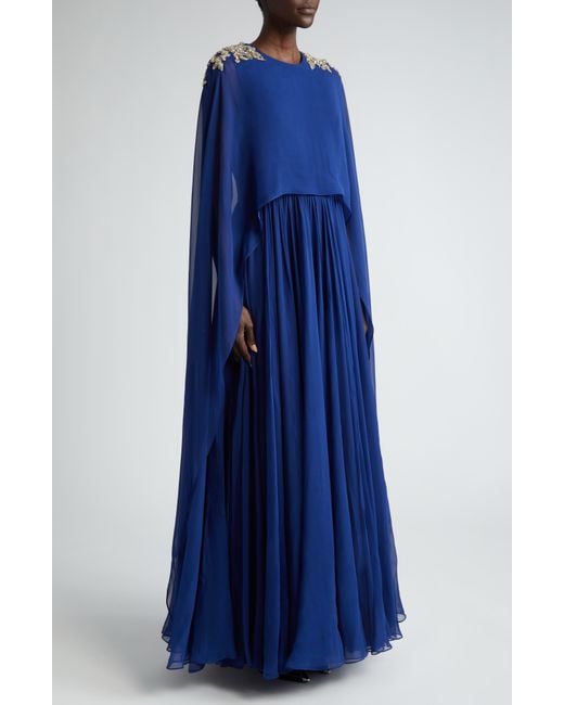 Alexander McQueen Blue Strapless Silk Chiffon Gown With Embellished Cape Overlay