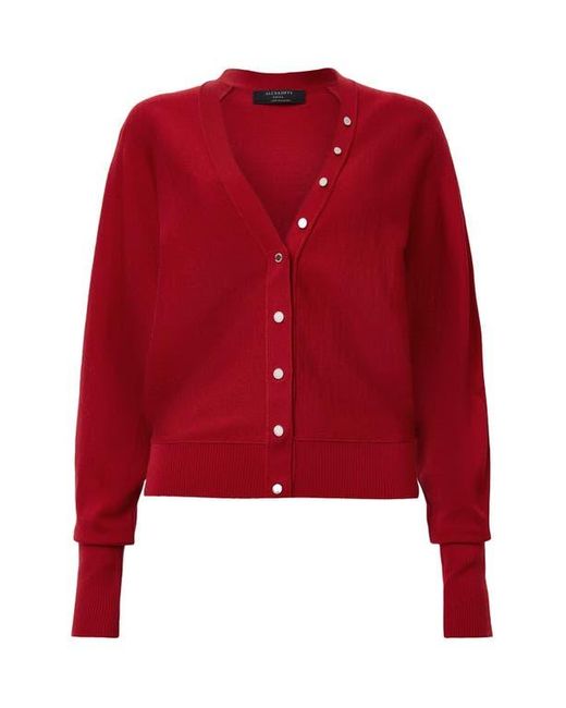 AllSaints Red Honor V Merino Wool Cardigan