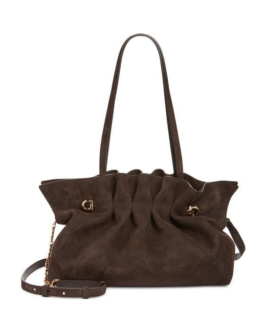 Ferragamo Women's Brown Medium Gancio Piercing Soft Leather Shoulder Bag