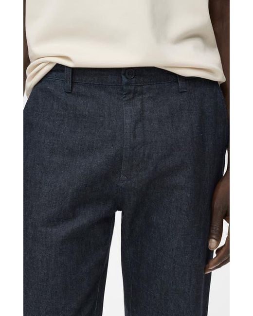 Mango Blue Straight Fit Flat Front Cotton & Linen Twill Pants for men