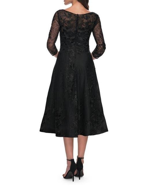 La Femme Black Stylish Tea Length Mother Of The Bride Dress With Sleeves