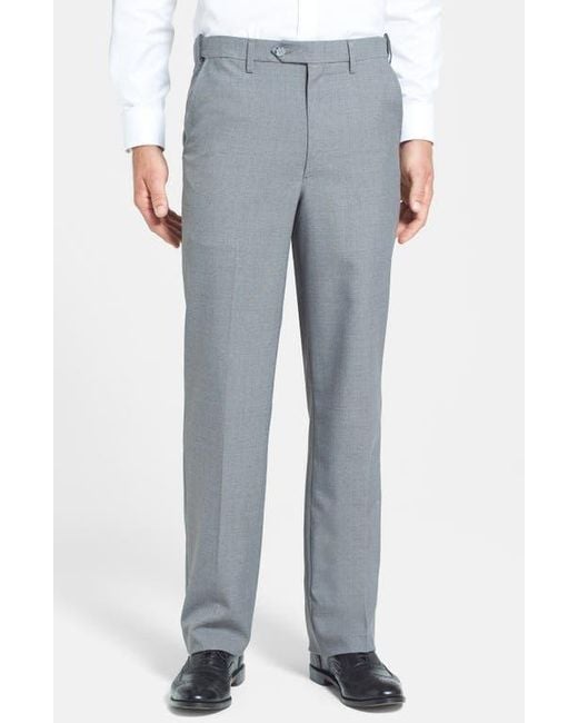 Berle Gray Self Sizer Waist Plain Weave Flat Front Washable Trousers for men
