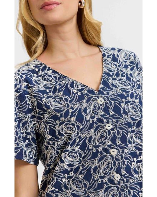 Foxcroft Blue Isabel Floral Embroidered Cotton Button-Up Top