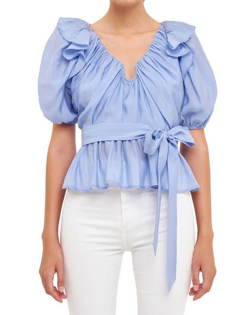 Endless Rose Blue Ruffle Puff Sleeve Top