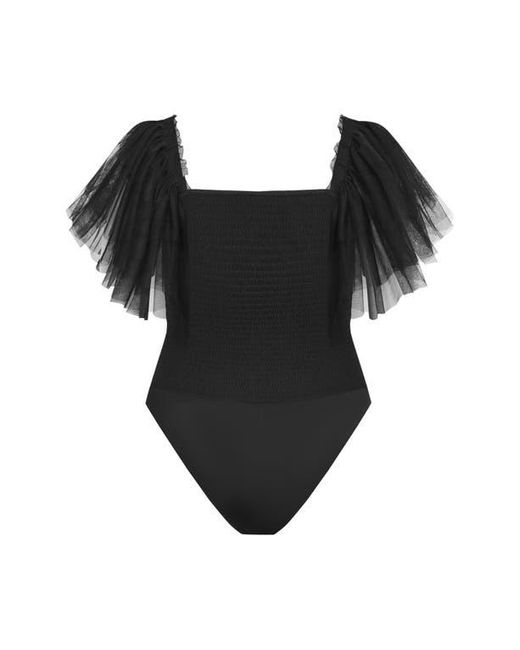 City Chic Black Azariah Shirred Tulle Sleeve Bodysuit