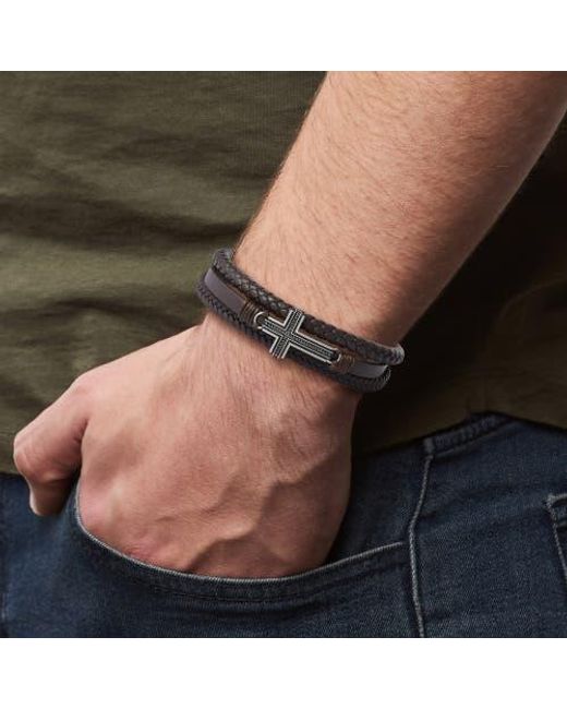 Lucky Brand Black Braided Leather Bracelet With Cross for men