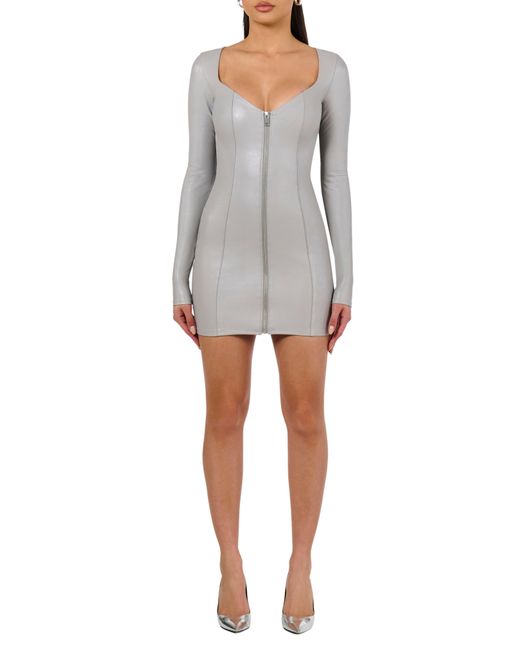 Naked Wardrobe Gray Long Sleeve Zip-up Faux Leather Minidress