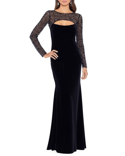 Betsy & Adam Bead Embellished Long Sleeve Velvet Mermaid Gown in Blue ...