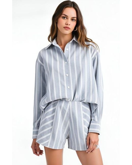 Modenaire Blue Striped Button-Up Shirt And High-Waist Shorts Set With Relaxed Fit